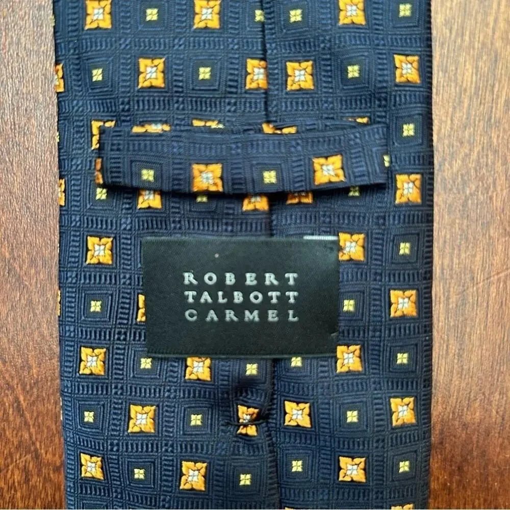 Robert Talbott Carmel Woven 100% Silk Tie, Navy and Orange, Hand Sewn in the USA